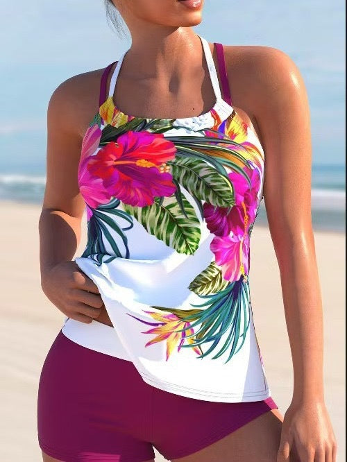 Dame Sport Tankini-Sæt med blomsterdesign og stribede shorts Stilla