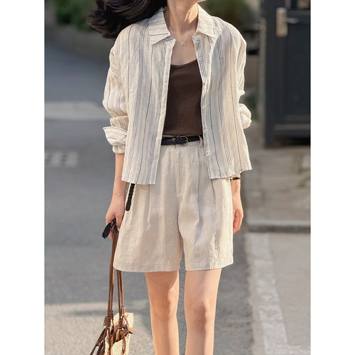 Dame afslappet linned bluse med asymmetrisk kant og elegante striber Stilla
