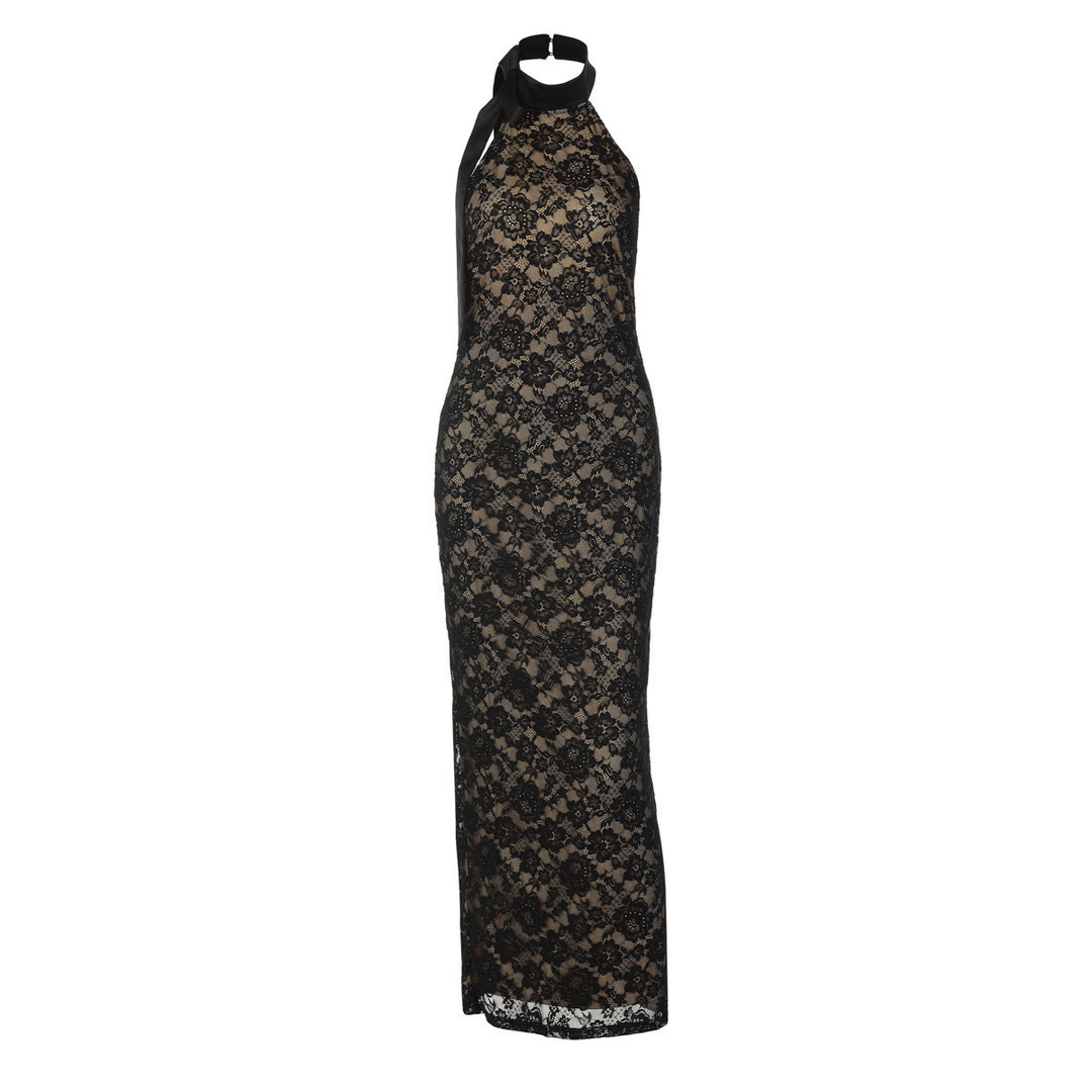 Dame Elegant Lace Evening Dress with Narrow Collar and Transparent Inserts Skovae