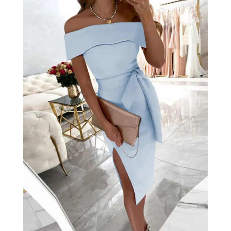 Dame Elegant Off-Shoulder Midi Kjole med Bindebælte Stilla