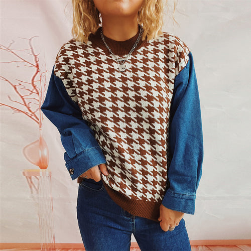 Dame casual sweater med moderne houndstooth mønster og denim ærmer Stilla