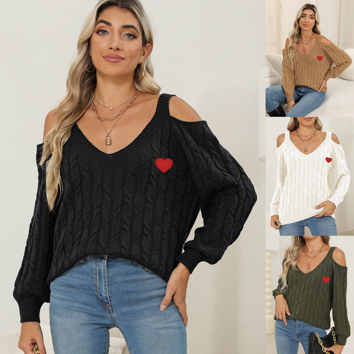 Dame strikpullover med trendy cut-out ærmer og hjerteapplikation Stilla