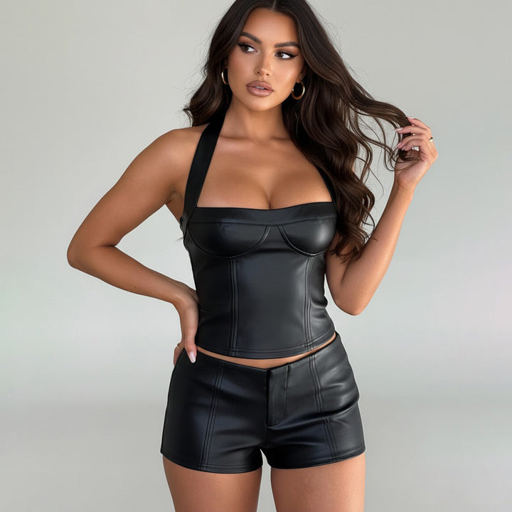 Dame Kunstlæder Crop-Top med romantisk snit og forførende bustier-effekt Skovae