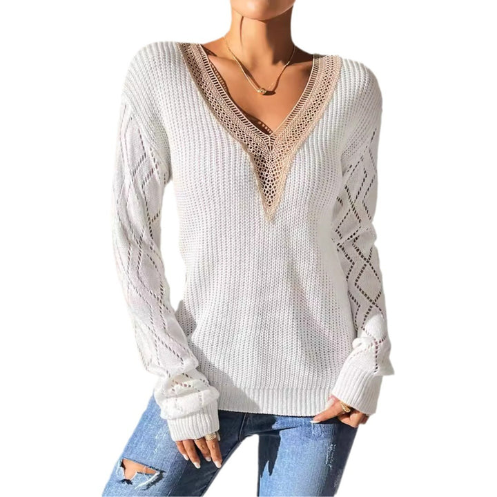 Damer elegant V-hals pullover med luftig hæklestruktur Stilla