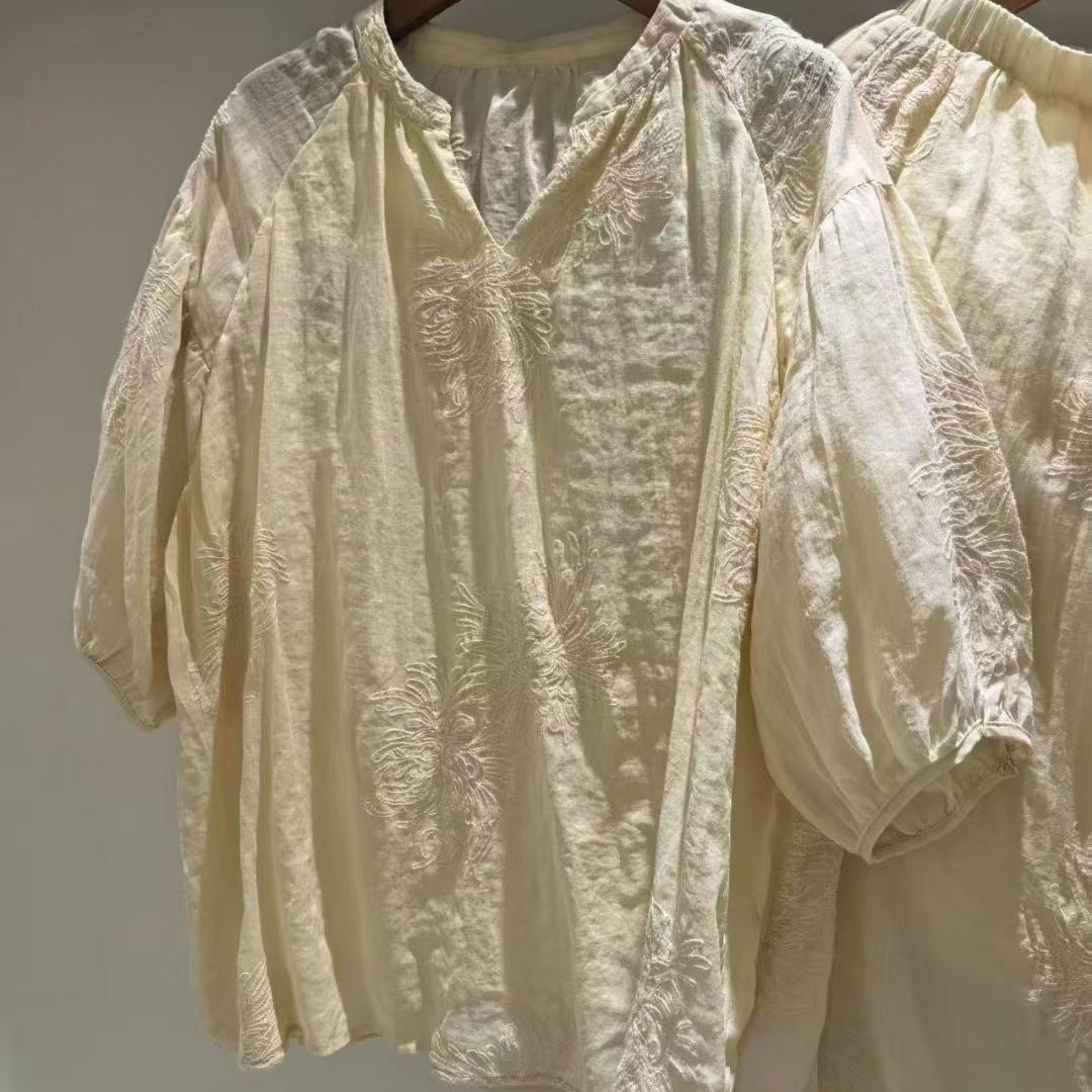 Dame Broderet V-Udskæring Bluse med Svingærmer Stilla