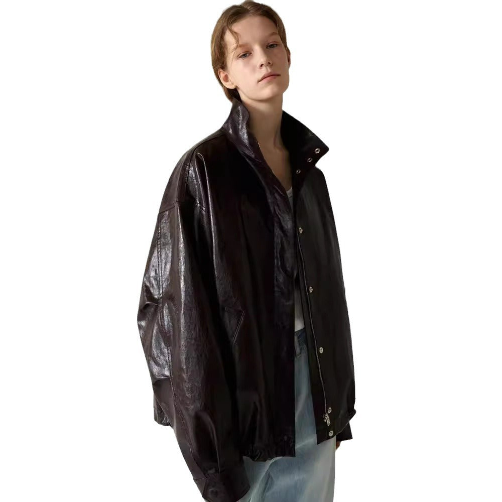 Kvinderne trendy oversized læderjakke med høj krave og trykknaplukning Stilla
