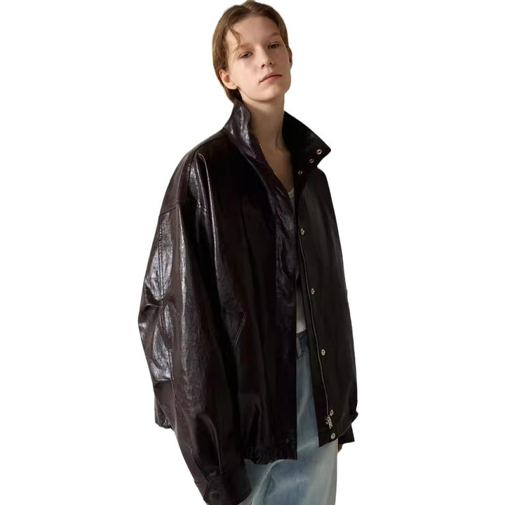 Kvinderne trendy oversized læderjakke med høj krave og trykknaplukning Stilla