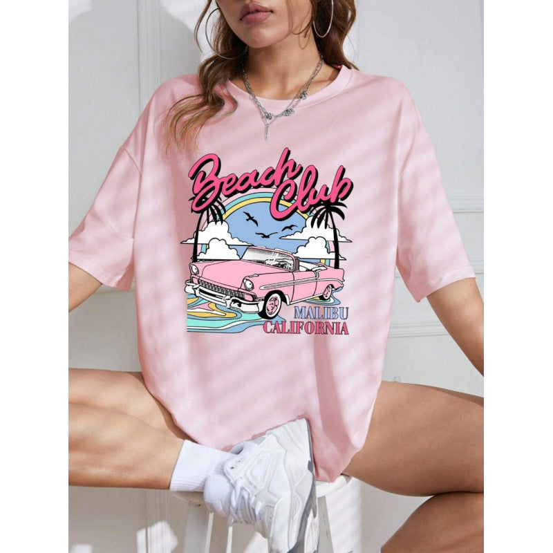 Dame T-shirt med afslappet grafikdesign og inspirerende Beach Club motiv Stilla