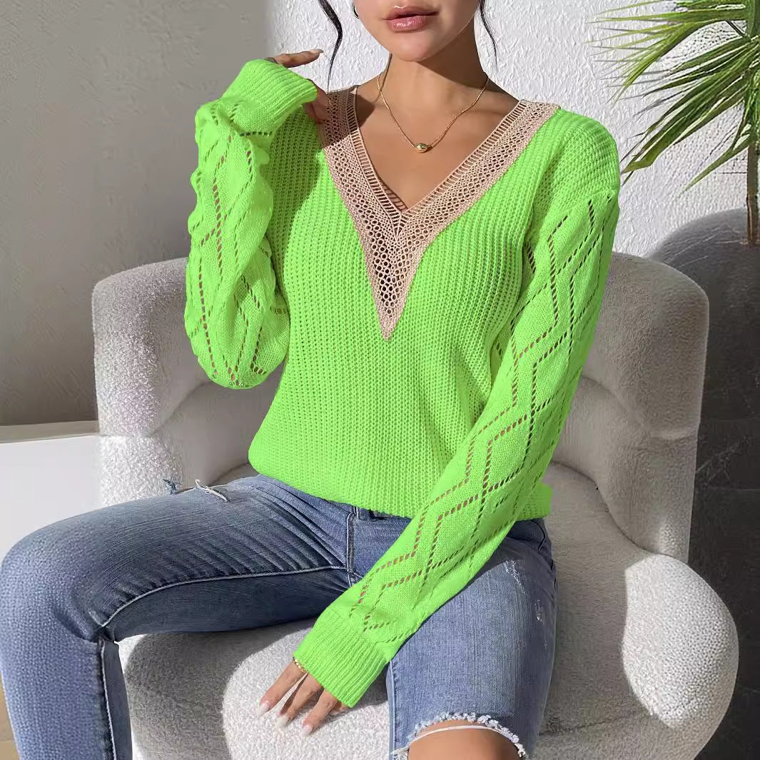 Damer elegant V-hals pullover med luftig hæklestruktur Stilla