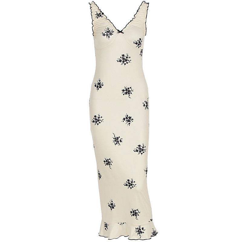 Dame Elegant Maxikjole med blomstermotiv og flæser Skovae