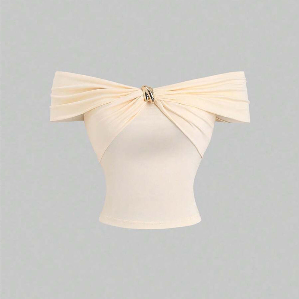 Kvindernes Off-Shoulder Top med Dobbel Draperingseffekt og Elegant Lukning Stilla