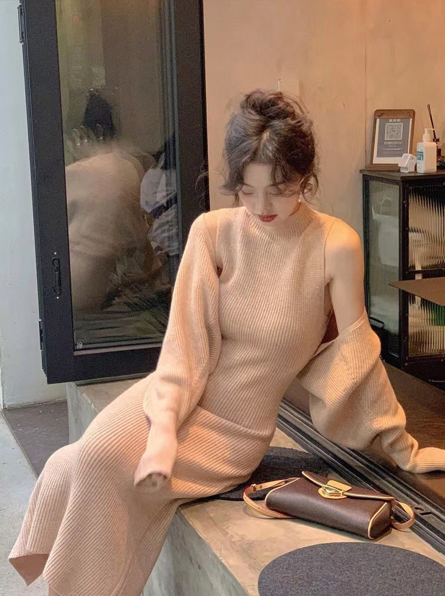 Femme Chunky Knit Rullekrave Midi Kjole Stilla