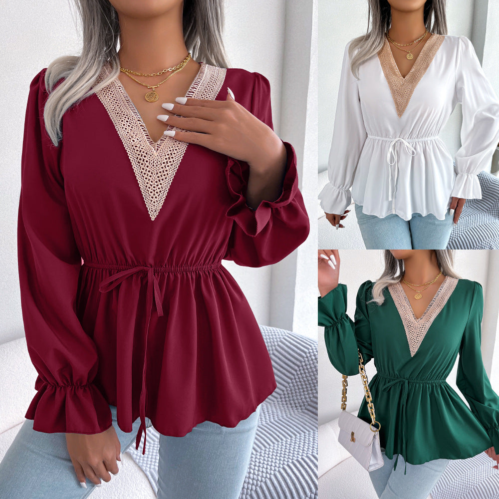 Dame Elegant Bluse med V-hals og flæse detaljer Stilla