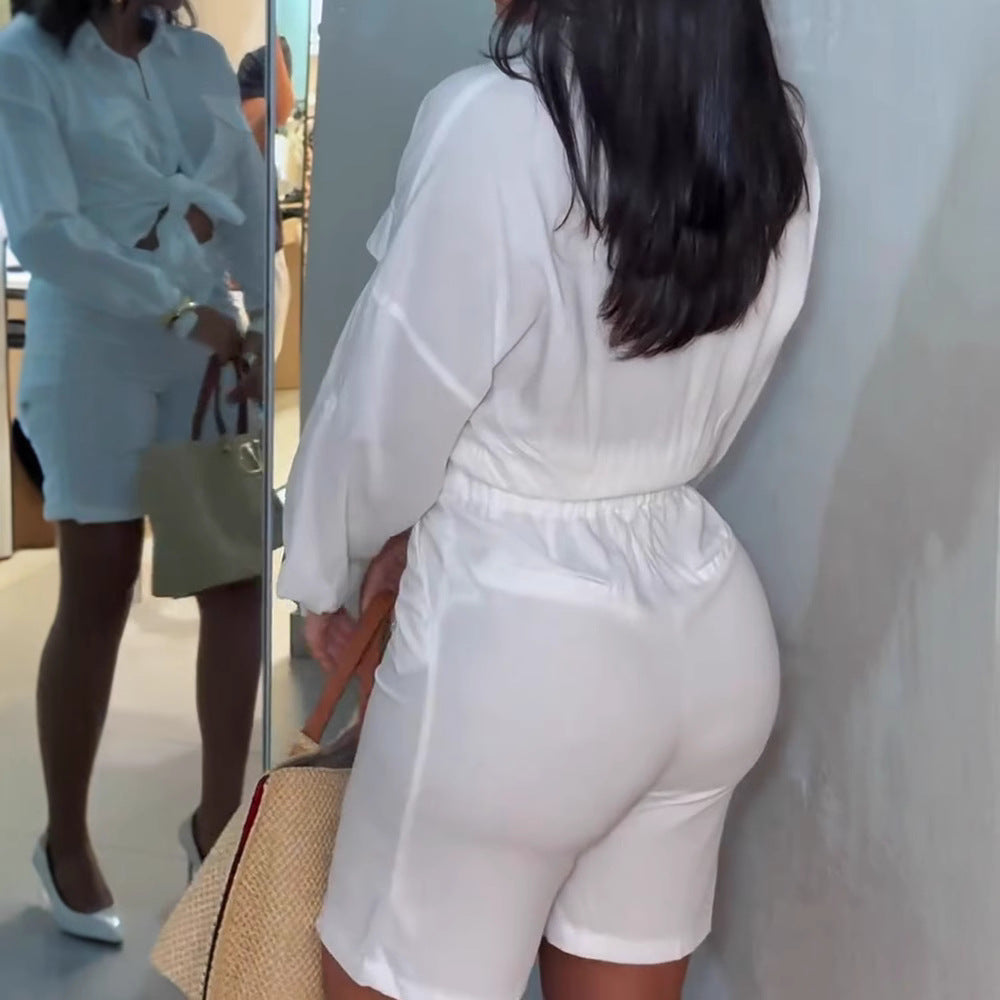 Dame afslappet crop-top med lange ærmer og high-waist shorts Stilla