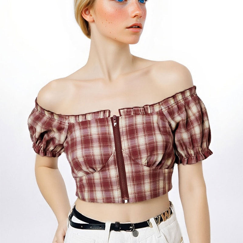 Dame Cropped Bluse med Puffærmer og lynlås Skovae