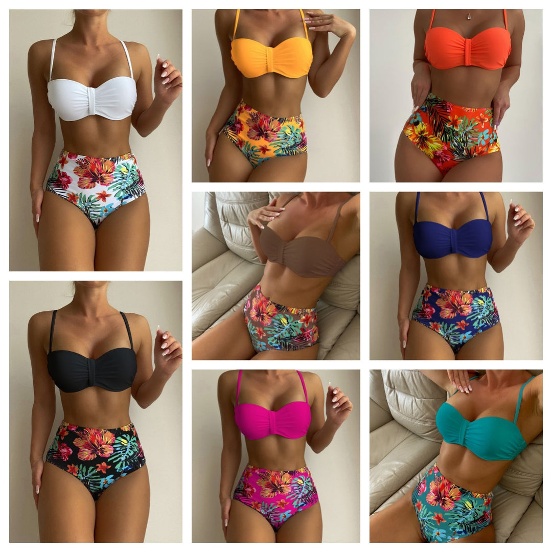 Dame højtaljede bikini med blomstret design og komfortabel bustier Stilla