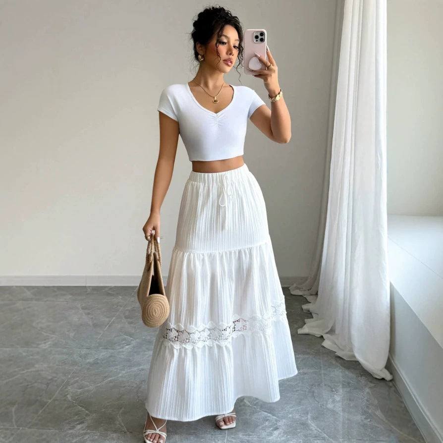 Dame Crop-Top og Maxi-Nederdel Sæt med Flæsedetaljer Skovae
