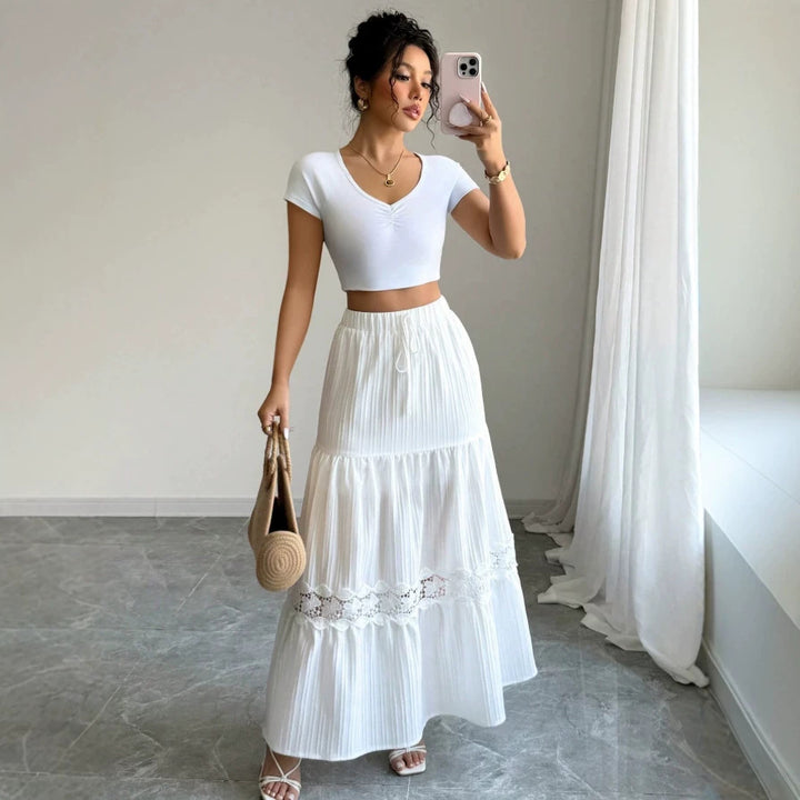 Dame Crop-Top og Maxi-Nederdel Sæt med Flæsedetaljer Skovae