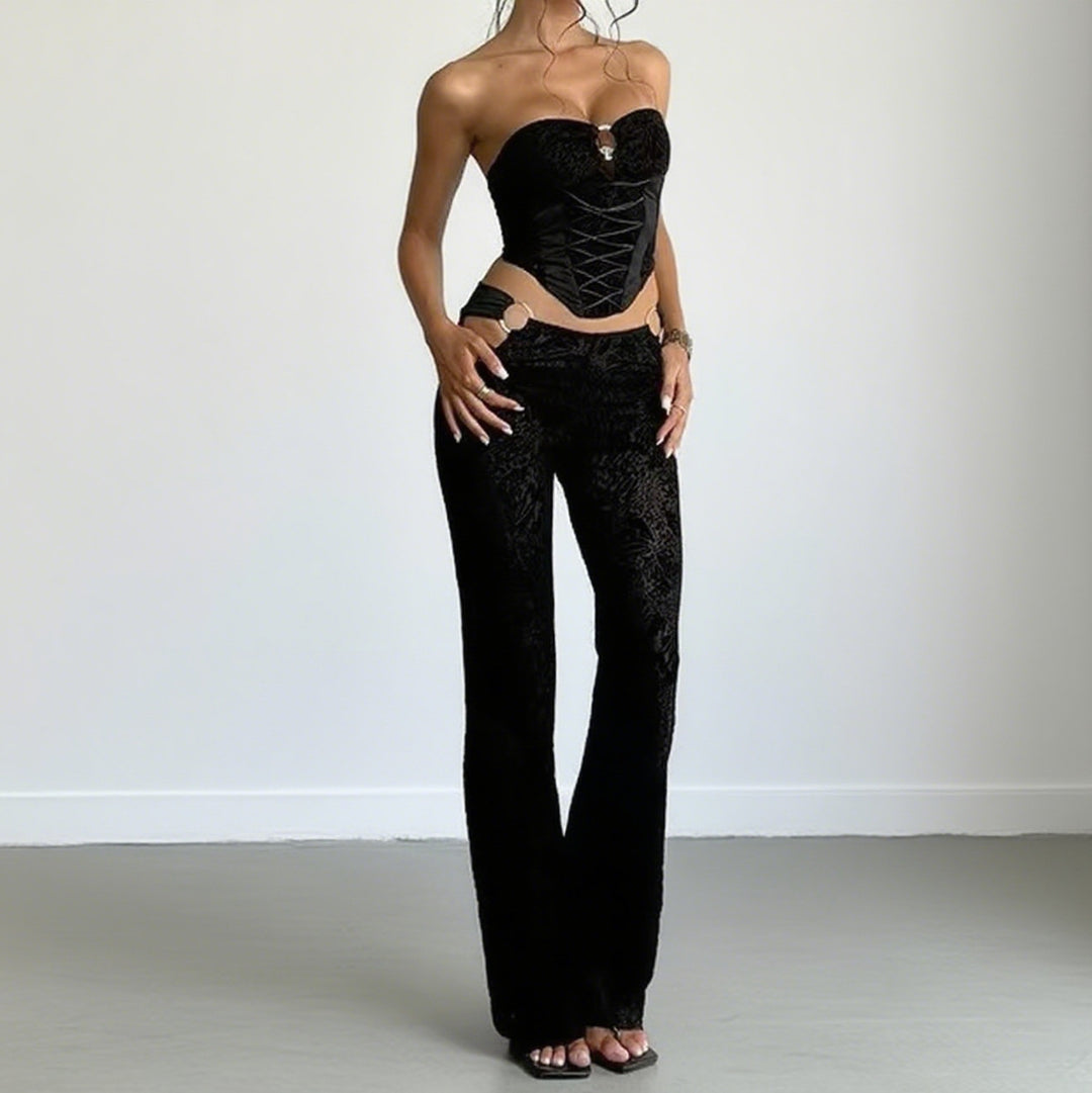 Damer Elegante To-delte Sæt med Bustier og Højtaljede Bukser Skovae