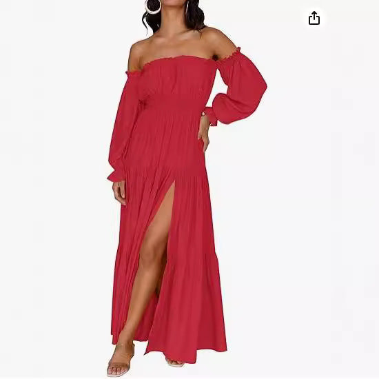 Dame maxikjole med off-shoulder design og voluminøse ærmer Stilla