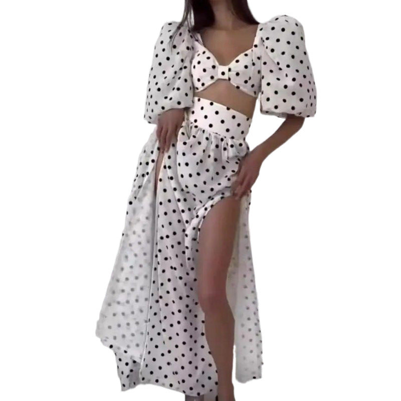 Femme Elegante Polka Dot To-dels Maxi Kjole med Puffærmer Stilla