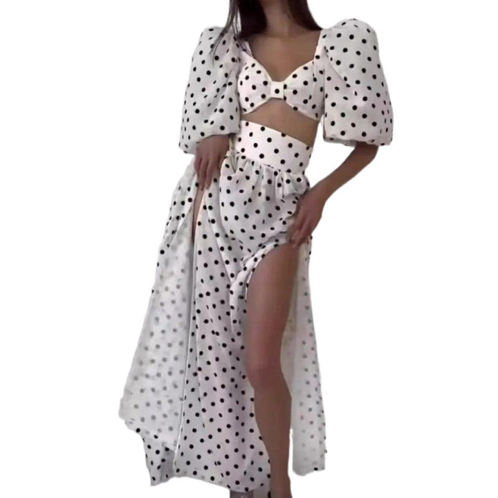 Femme Elegante Polka Dot To-dels Maxi Kjole med Puffærmer Stilla