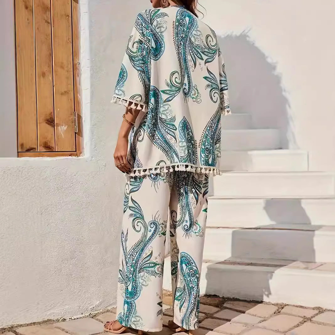 Dame elegant sæt med kimonojakke og bred bukse-design Stilla