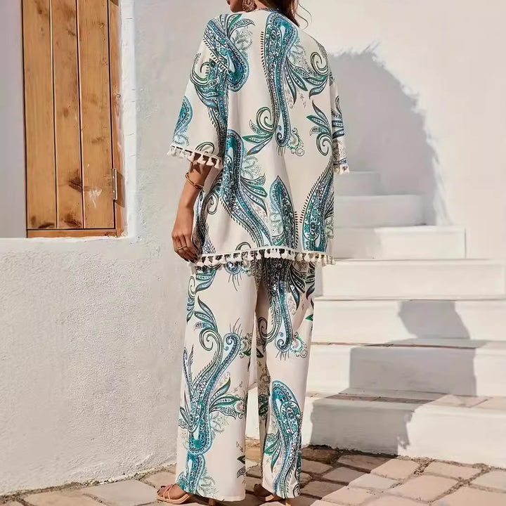 Dame elegant sæt med kimonojakke og bred bukse-design Stilla
