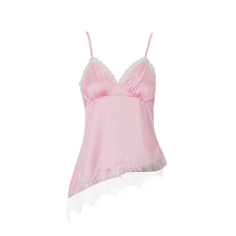 Dame spids-satin-top med asymmetrisk snit og justerbare stropper Skovae