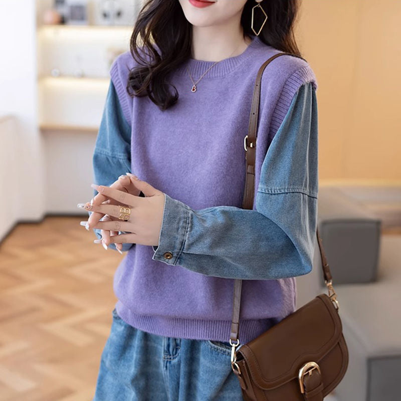 Dame Strik Sweater med Denim Ærmer Stilla