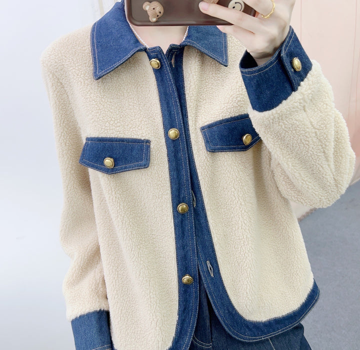 Dame Fleecejakke med Denim-detaljer Stilla