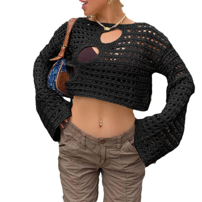 Dame hækleoverdel med moderne cut-out-design og bred udskårne ærmer Stilla