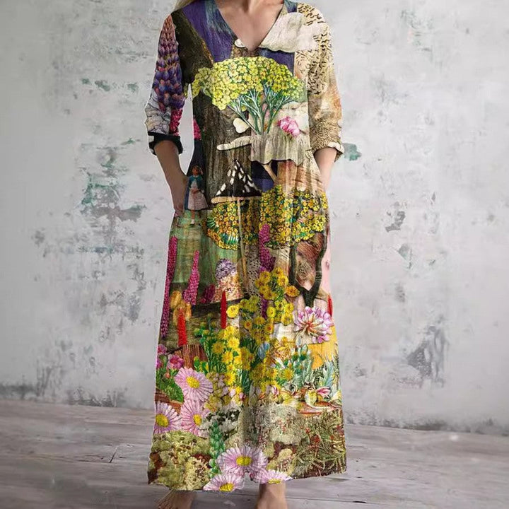 Stilla | Chic Print V-Hals Mellemlang Kjole