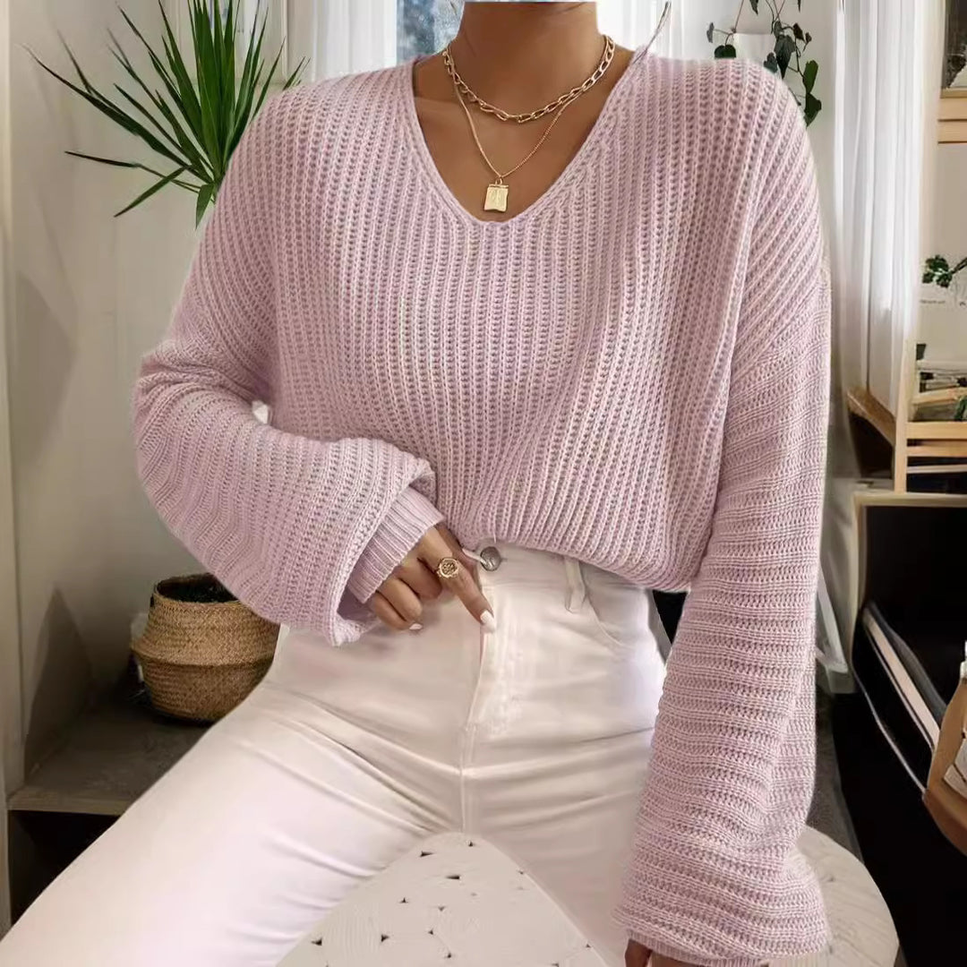 Dame afslappet sweater med bred V-hals og lange ærmer Stilla