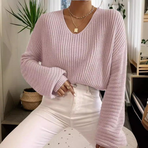 Dame afslappet sweater med bred V-hals og lange ærmer Stilla