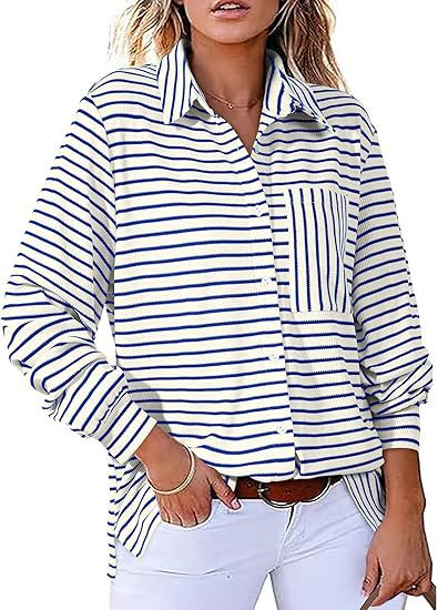 Damer Casual Stribet Bluse med Lomme og Knapstolpe Stilla