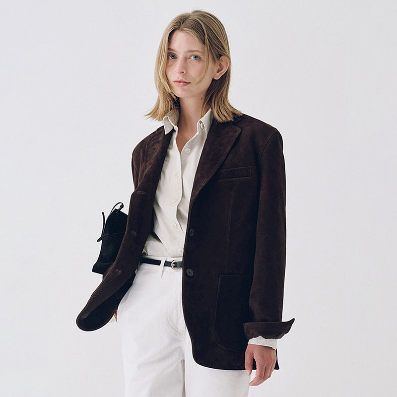 Kvinder Elegant Suede Blazer med Praktiske Lommer Stilla