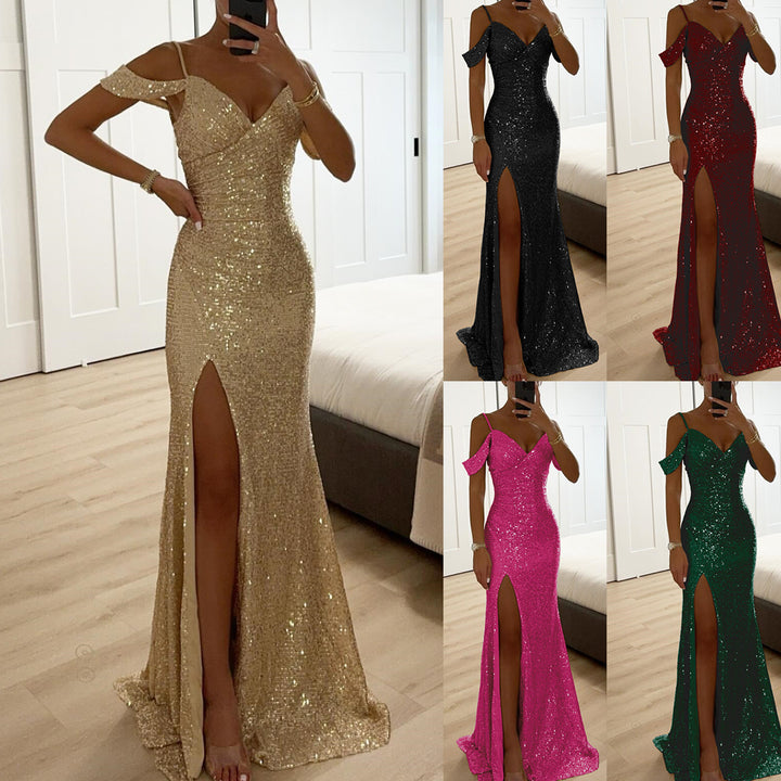 Dame Glamourøst Aftenkjole med glitrende Pailletdetaljer og elegant Slids Stiila