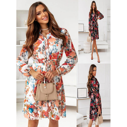 Dame Floral Print Skjortekjole med Bælte Talje Stilla