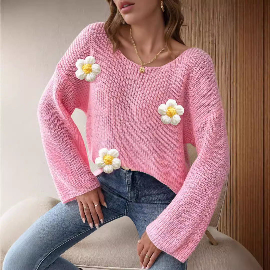 Kvinders strikket sweater med blomster 3D-design og brede ærmer Stilla