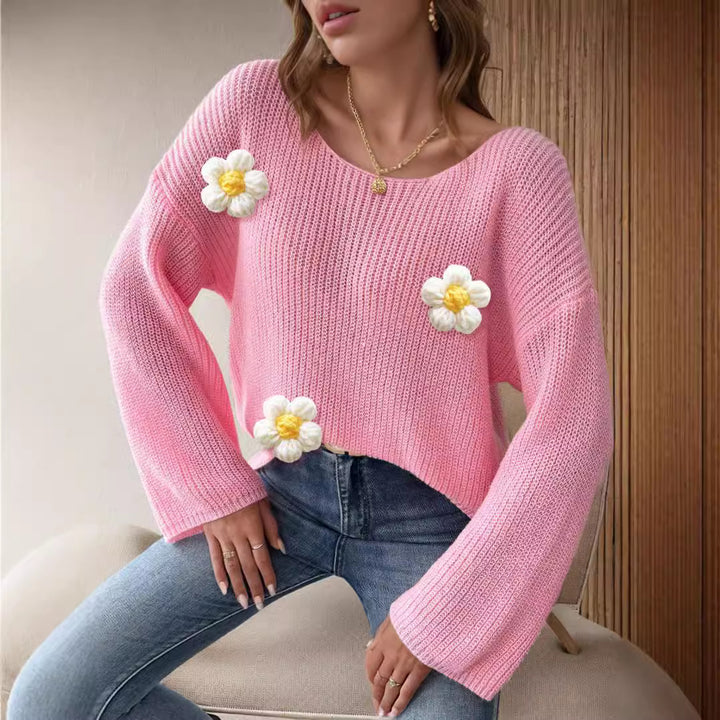 Kvinders strikket sweater med blomster 3D-design og brede ærmer Stilla