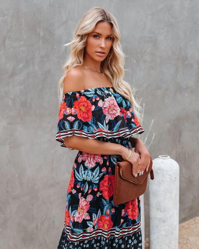 Dame Off-Shoulder Maxikjole med floral design og voluminøse ærmer Stilla