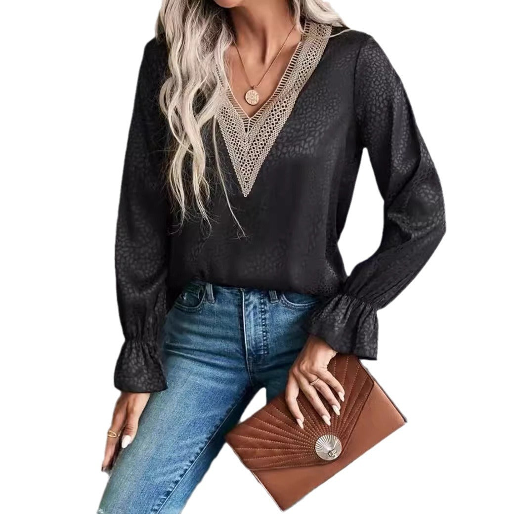 Dame Elegant Bluse med V-udskæring og Spids Accenter Stilla