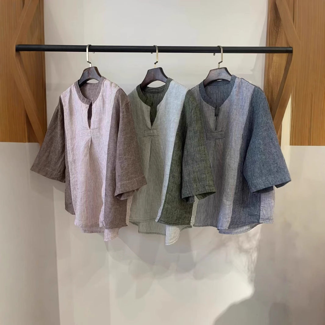 Dame stribet linned blouse med løs pasform og halvlange ærmer Stilla