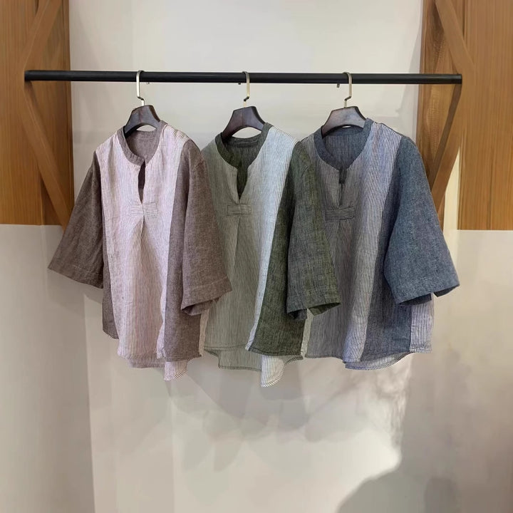 Dame stribet linned blouse med løs pasform og halvlange ærmer Stilla