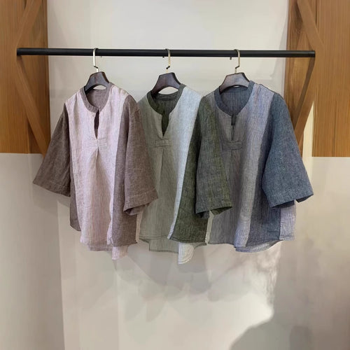 Dame stribet linned blouse med løs pasform og halvlange ærmer Stilla