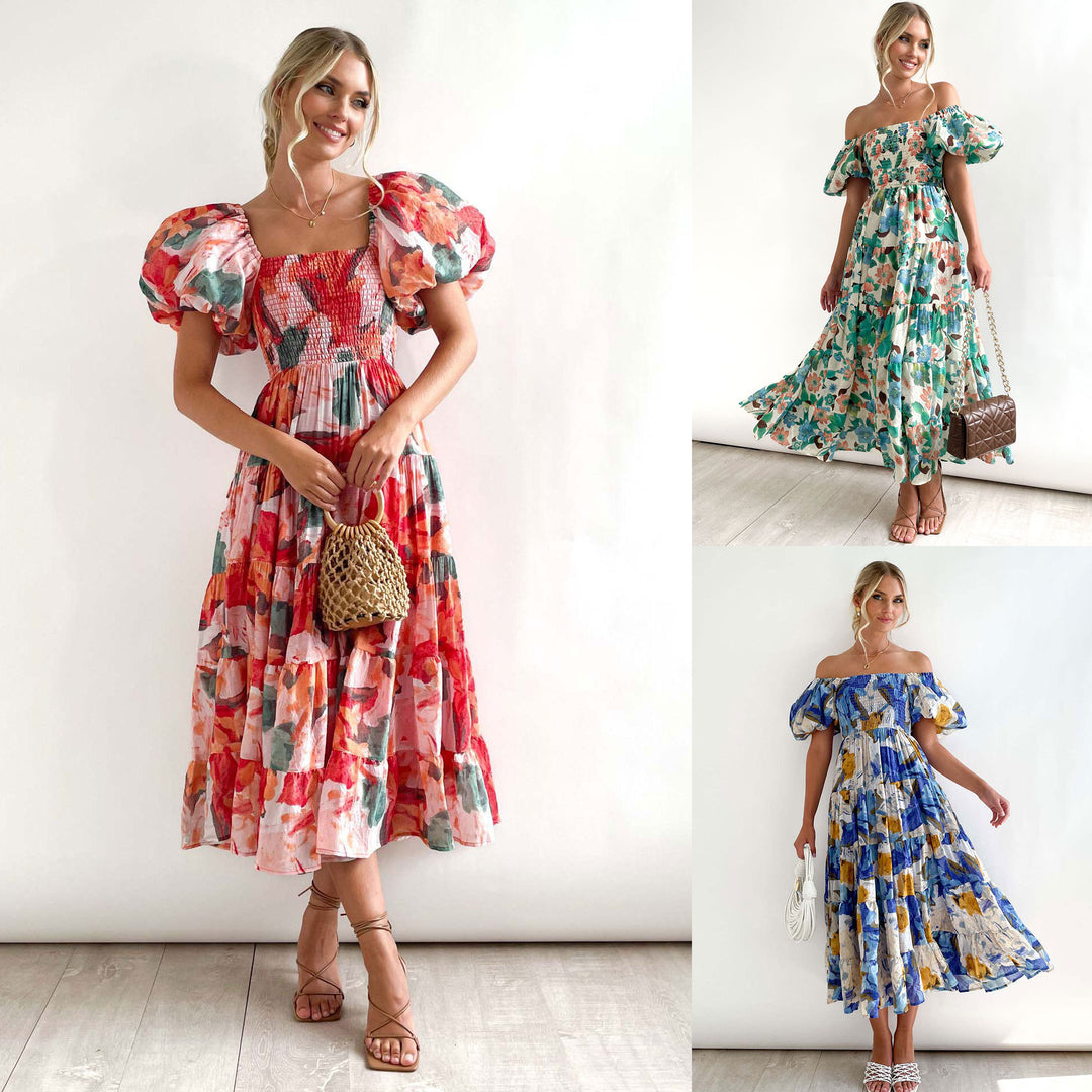 Dame Floral Puff Ærme Midi Kjole Stilla