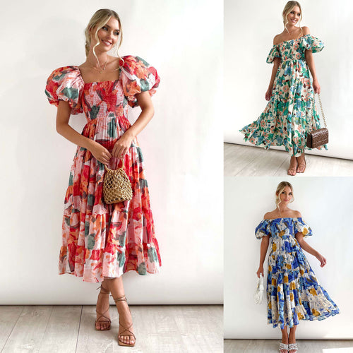 Dame Floral Puff Ærme Midi Kjole Stilla