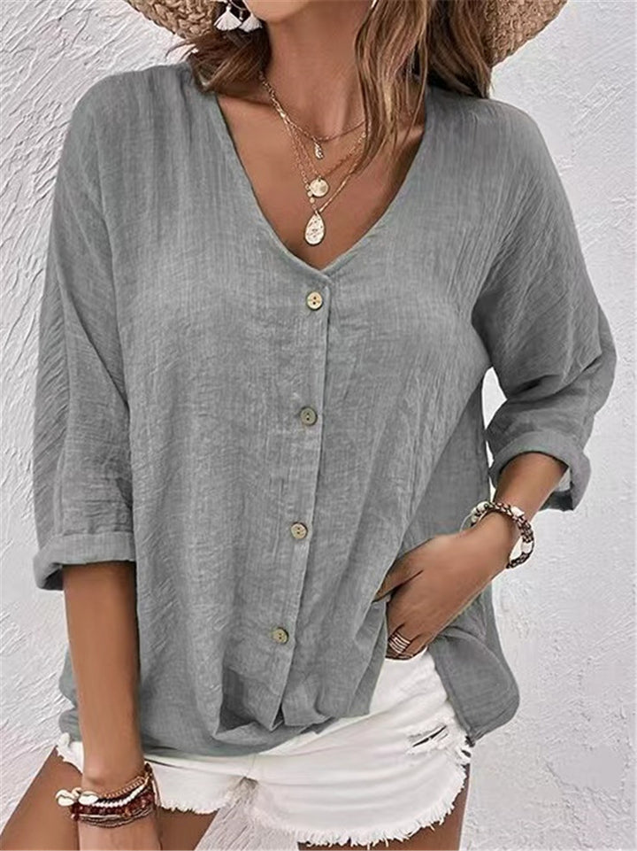 Damer Casual Bluse med V-udskæring og knapdetalje Stilla