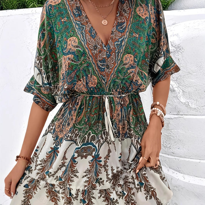 Dame Maxikjole i elegant paisley-design med taljerbar talje Stilla